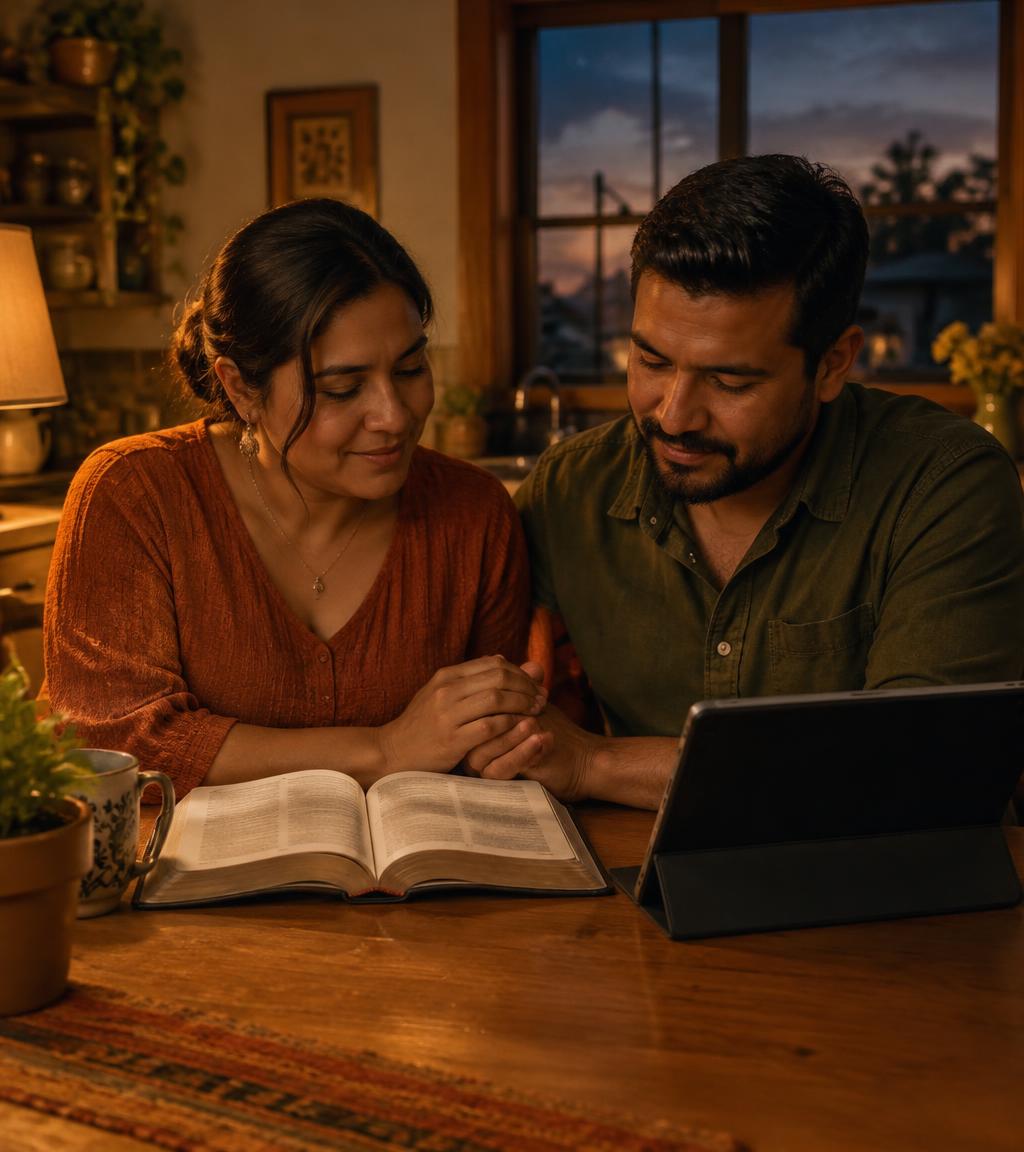 Un matrimonio conversando tomado de la mano junto a una Biblia abierta
